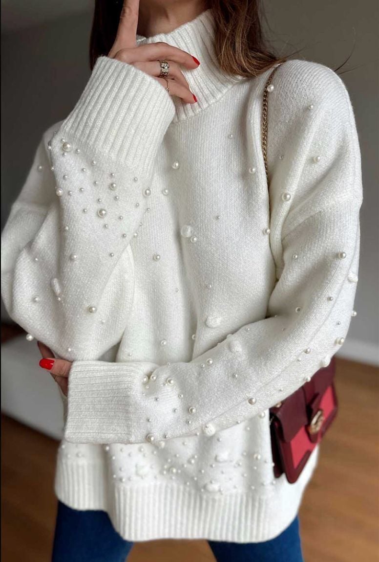 PONPON DETAYLI İNCİLİ EKRU KAZAK