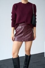 Bordo Bisiklet Yaka Yumuşak Dokulu Triko
