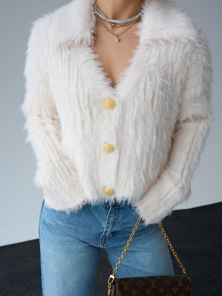KREM GOLD DÜĞMELİ PELUŞ HIRKA