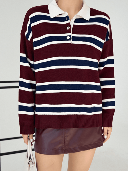 BORDO KREM POLO YAKA UZUN KAZAK