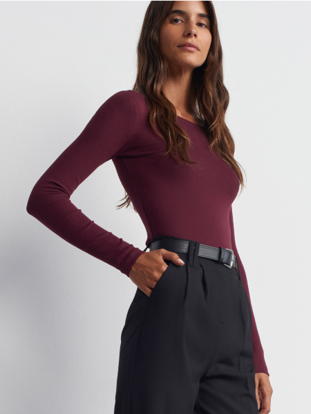 KAYIK YAKA UZUN KOLLU TOP BORDO