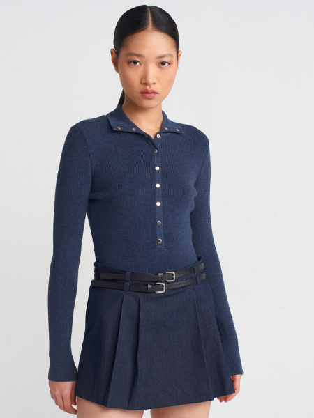 DİK YAKA ÇITÇITLI TRİKO LACİVERT