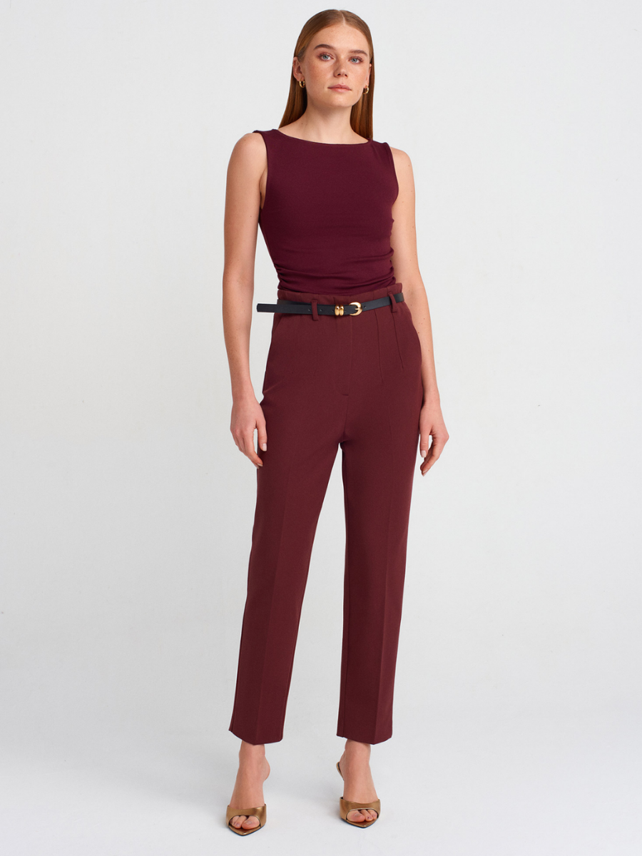 KEMERLİ YÜKSEK BEL PANTOLON BORDO