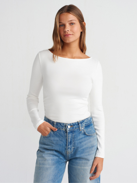 KAYIK YAKA UZUN KOLLU TOP BEYAZ