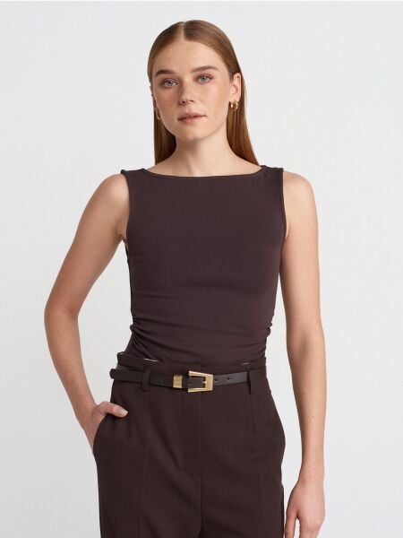 BÜZGÜLÜ KAYIK YAKA TOP-KOYU KAHVE