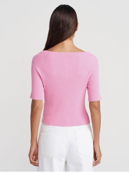 AÇIK BİSİKLET YAKA FİTİLLİ DÜĞMELİ İNCE TRİKO HIRKA -PEMBE