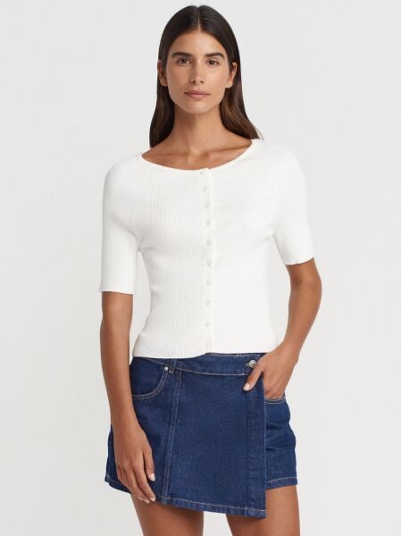 AÇIK BİSİKLET YAKA FİTİLLİ DÜĞMELİ İNCE TRİKO -BEYAZ