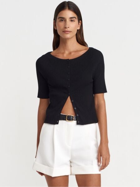 AÇIK BİSİKLET YAKA FİTİLLİ DÜĞMELİ İNCE TRİKO HIRKA -SİYAH