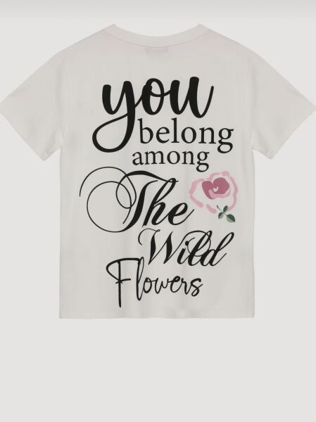 RENKLİ GÜL BASKILI SIRTI YAZILI TİŞÖRT -EKRU