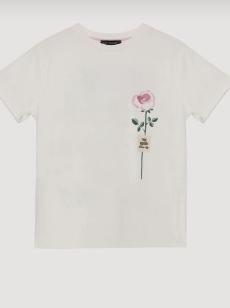 RENKLİ GÜL BASKILI SIRTI YAZILI TİŞÖRT -EKRU