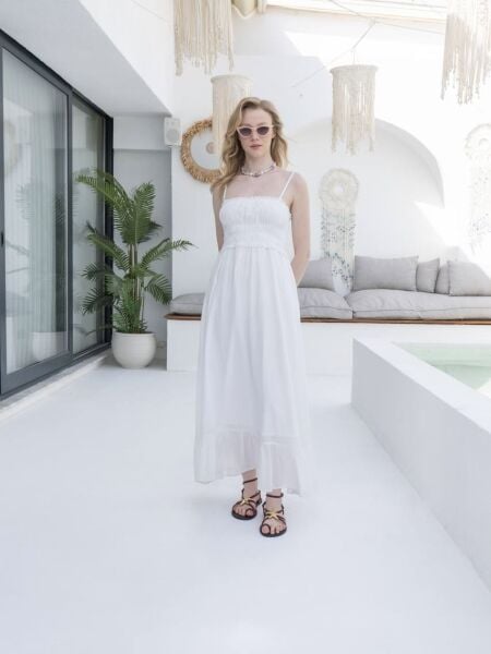 DANTEL DETAYLI İP ASKILI ELBİSE EKRU