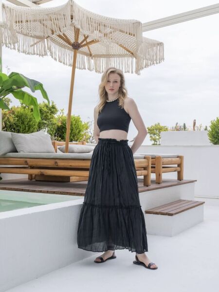BELİ LASTİKLİ KRASLI ETEK -SİYAH