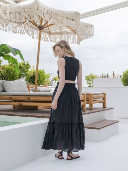 BELİ LASTİKLİ KRASLI ETEK -SİYAH