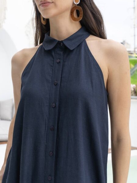 KETEN KOLSUZ DÜĞMELİ ELBİSE-LACİVERT