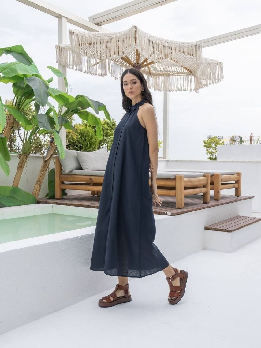 KETEN KOLSUZ DÜĞMELİ ELBİSE-LACİVERT