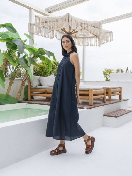 KETEN KOLSUZ DÜĞMELİ ELBİSE-LACİVERT