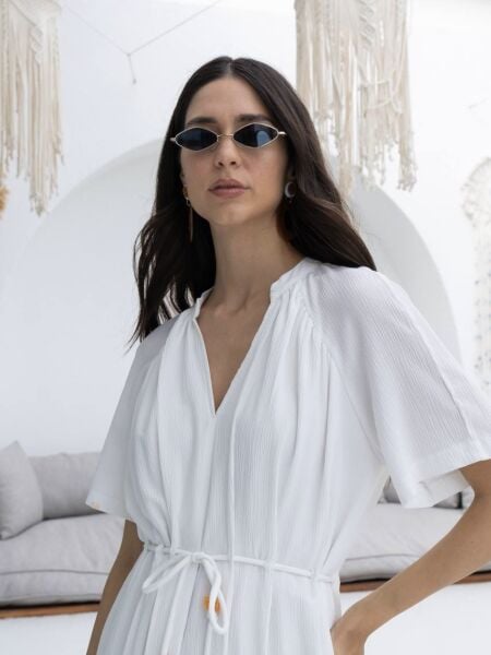 BELİ LASTİKLİ ELBİSE -EKRU