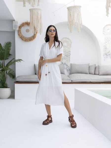 BELİ LASTİKLİ ELBİSE -EKRU