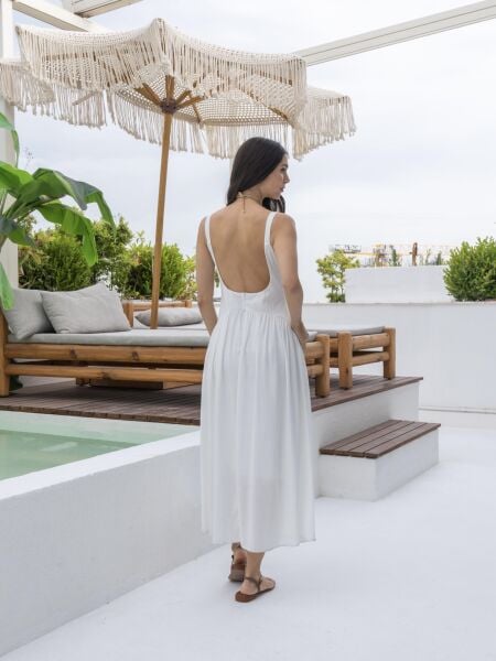 SIRT AÇIK KIRINKIL ELBİSE-EKRU