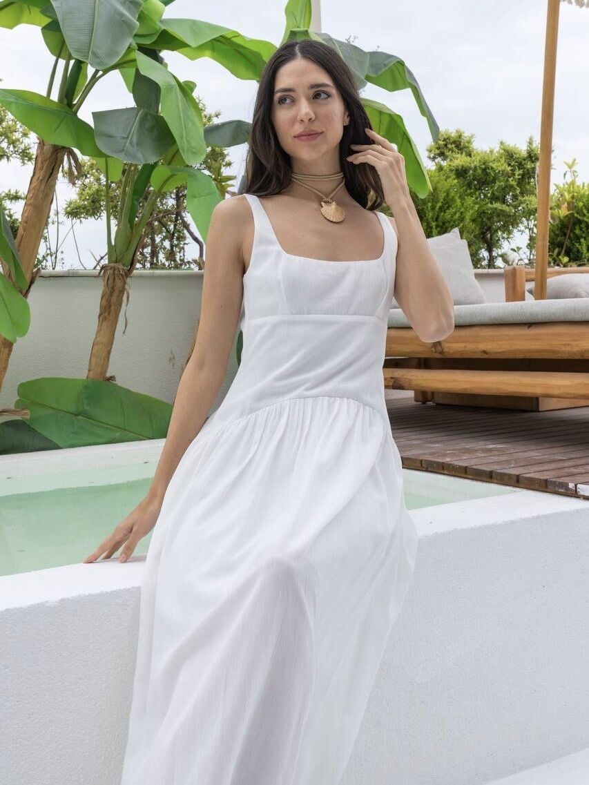 SIRT AÇIK KIRINKIL ELBİSE-EKRU