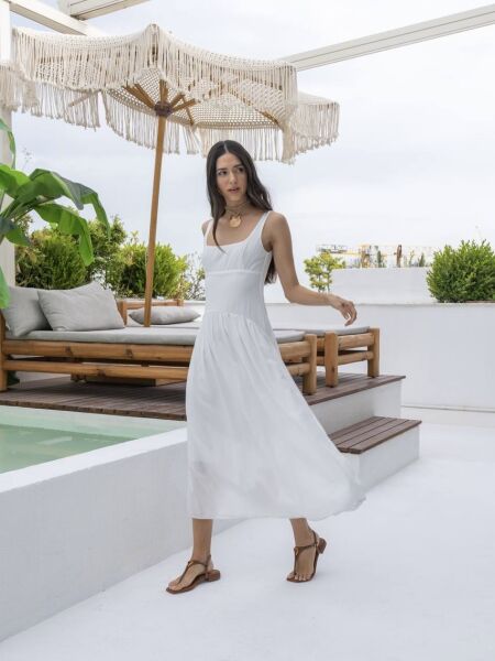 SIRT AÇIK KIRINKIL ELBİSE-EKRU