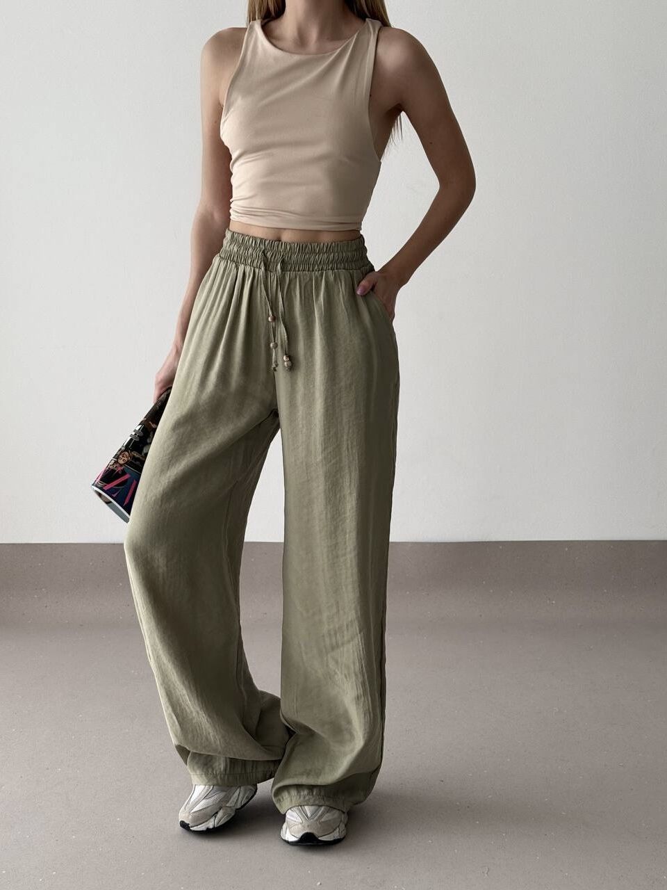 BELİ LASTİKLİ İNCE MODAL KUMAŞ PANTOLON -HAKİ