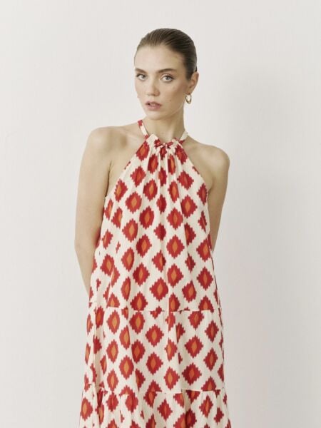 DESENLİ HALTER YAKA ELBİSE