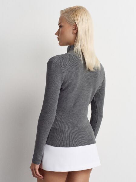 Dik Yaka Çıtçıtlı Triko Kazak-Füme