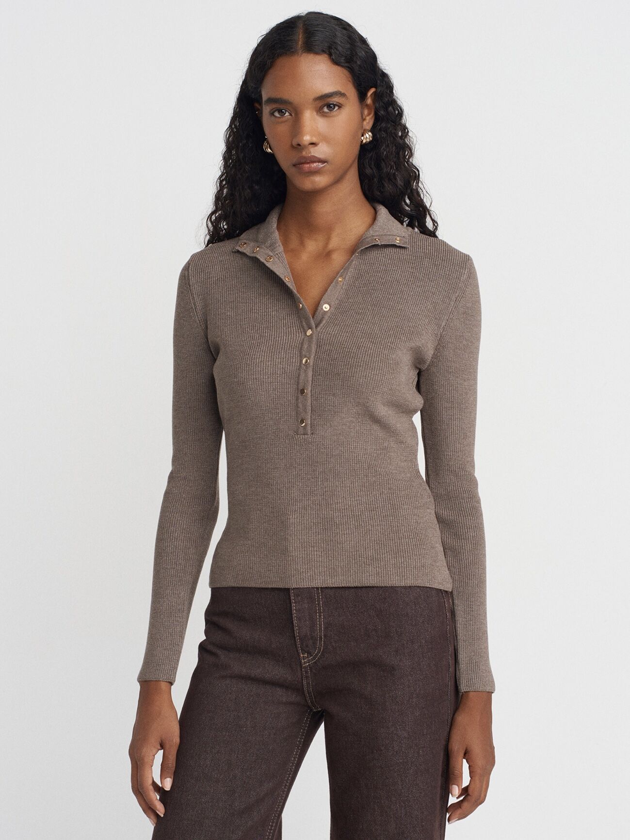 Dik Yaka Çıtçıtlı Triko Kazak-Vizon