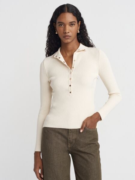 Dik Yaka Çıtçıtlı Triko Kazak-Ekru