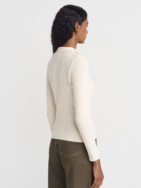 Dik Yaka Çıtçıtlı Triko Kazak-Ekru