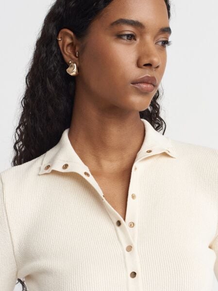 Dik Yaka Çıtçıtlı Triko Kazak-Ekru