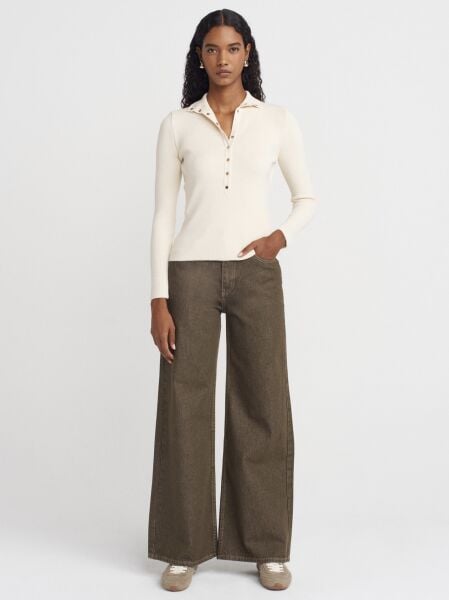 Dik Yaka Çıtçıtlı Triko Kazak-Ekru