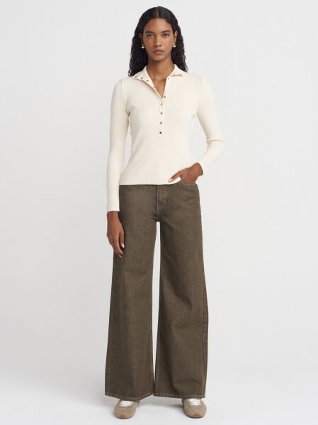 Dik Yaka Çıtçıtlı Triko Kazak-Ekru