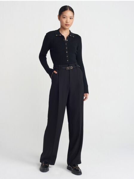 Dik Yaka Çıtçıtlı Triko Kazak-Siyah