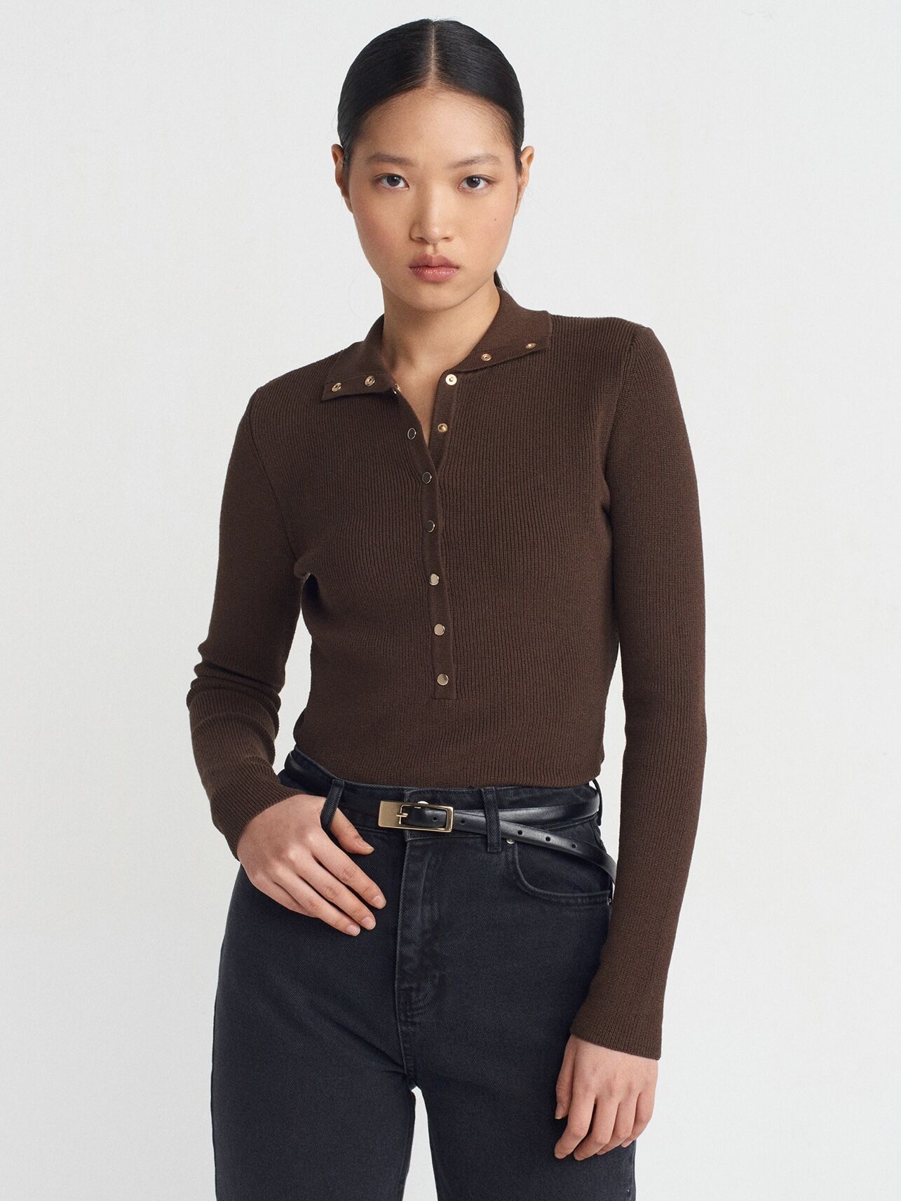 Dik Yaka Çıtçıtlı Triko Kazak-Kahve