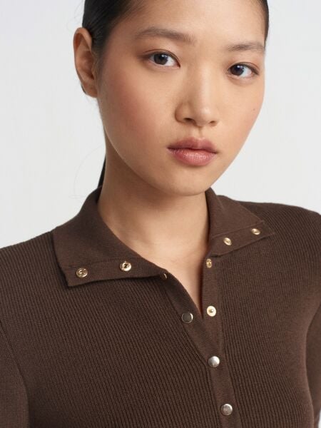 Dik Yaka Çıtçıtlı Triko Kazak-Kahve