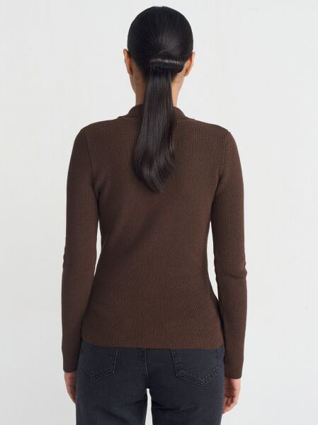 Dik Yaka Çıtçıtlı Triko Kazak-Kahve