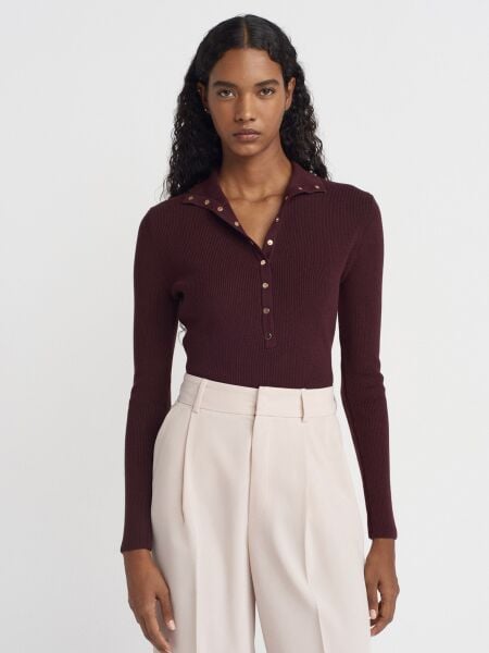 Dik Yaka Çıtçıtlı Triko Kazak-Bordo