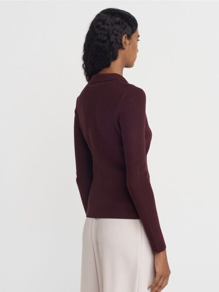 Dik Yaka Çıtçıtlı Triko Kazak-Bordo