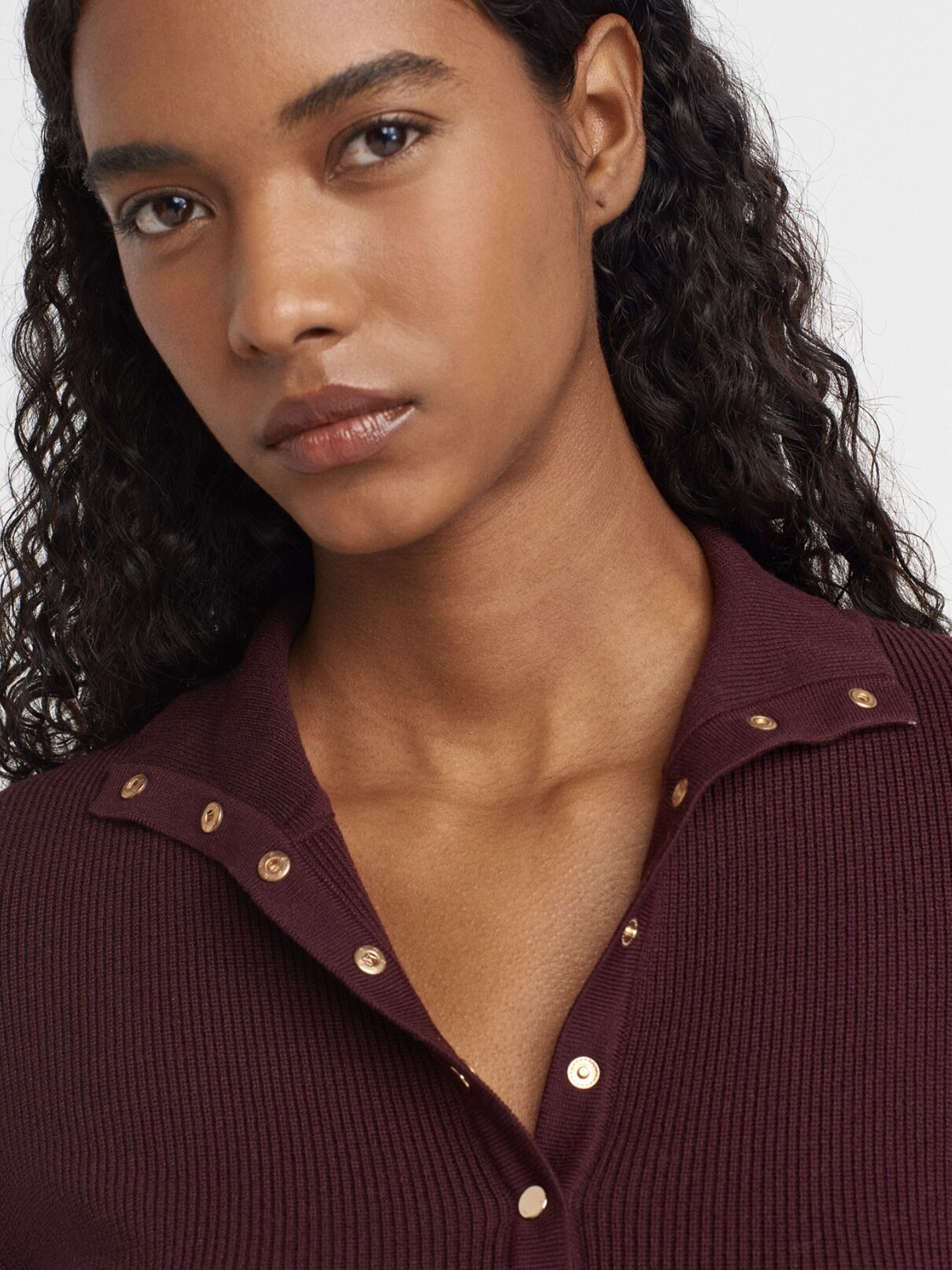 Dik Yaka Çıtçıtlı Triko Kazak-Bordo