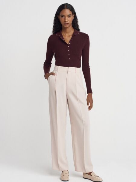 Dik Yaka Çıtçıtlı Triko Kazak-Bordo