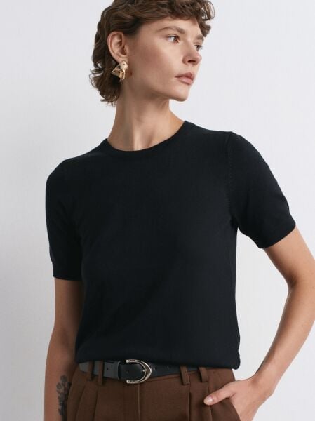 Bisiklet Yaka Kısa Kol Basic Triko Bluz-Siyah