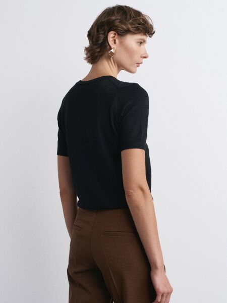 Bisiklet Yaka Kısa Kol Basic Triko Bluz-Siyah