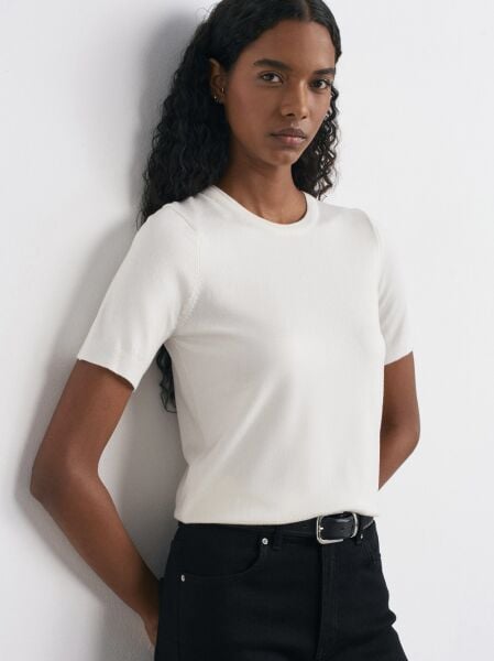 Bisiklet Yaka Kısa Kol Basic Triko Bluz-ekru