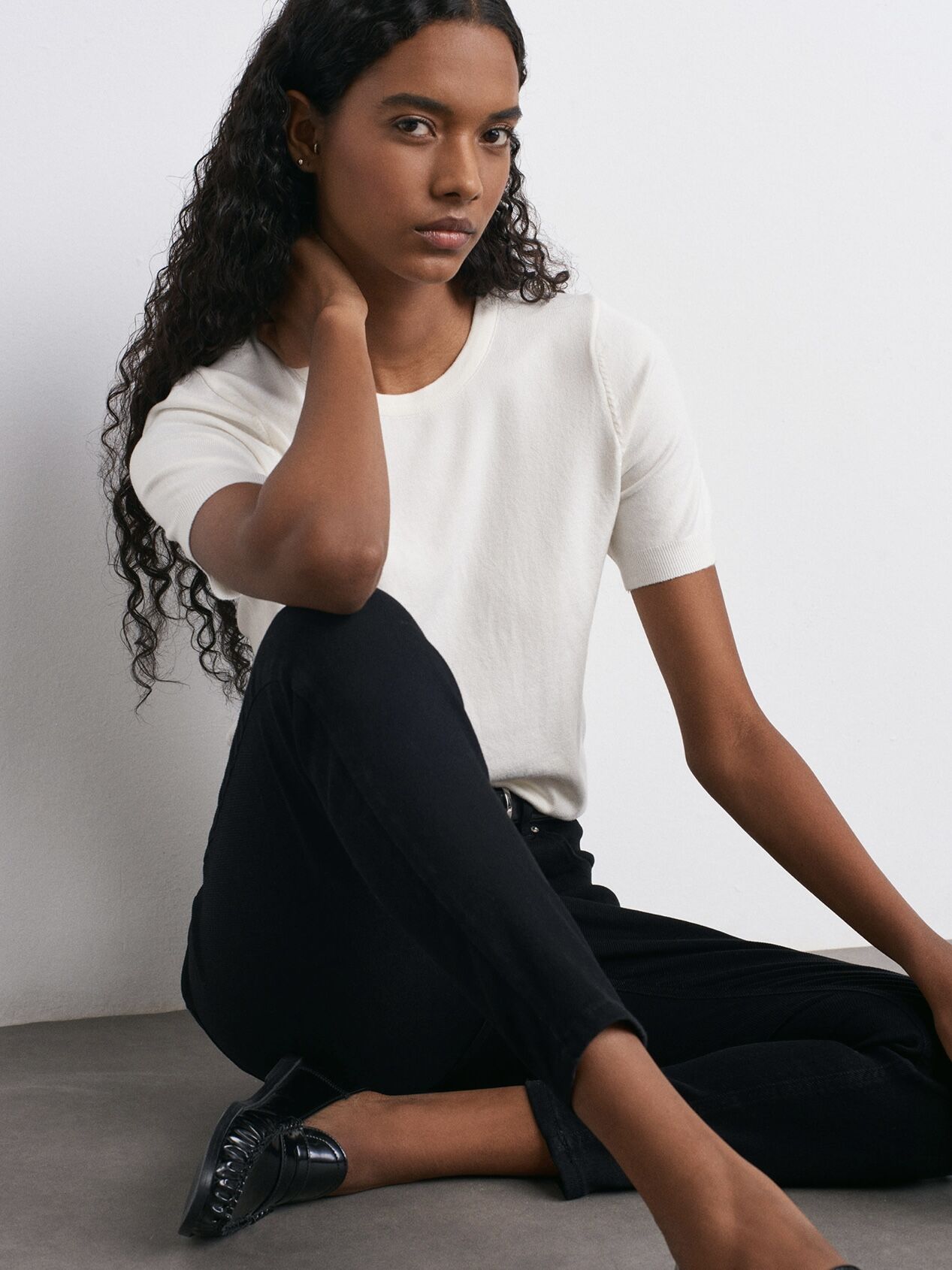 Bisiklet Yaka Kısa Kol Basic Triko Bluz-ekru