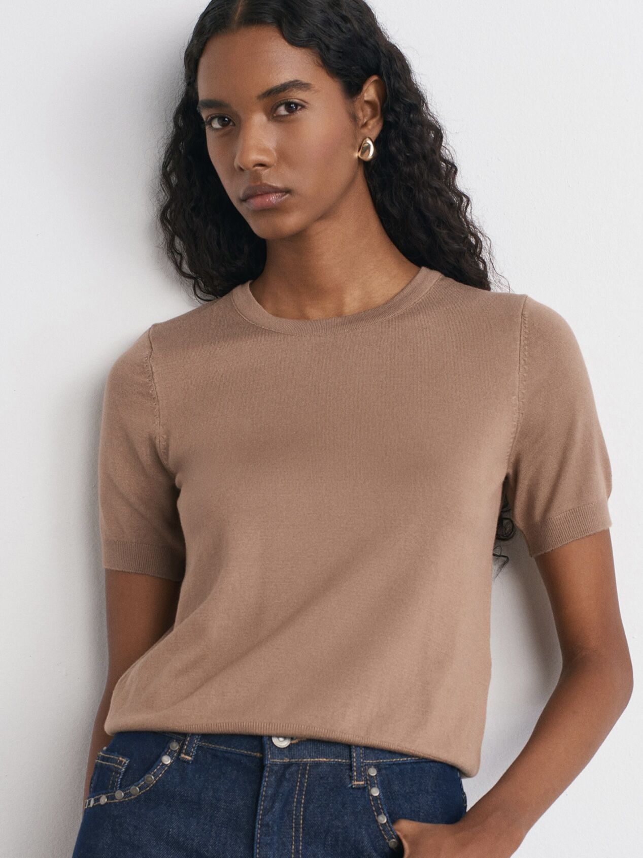 Bisiklet Yaka Kısa Kol Basic Triko Bluz-Koyu Vizon