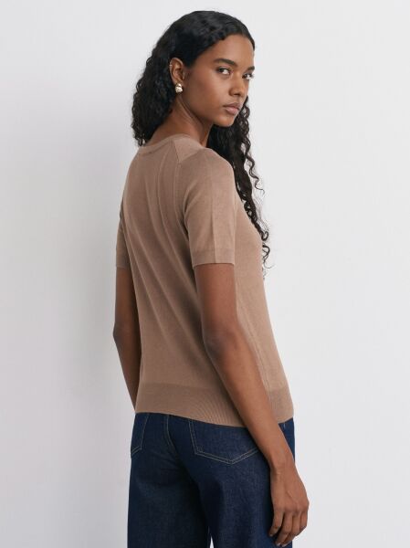 Bisiklet Yaka Kısa Kol Basic Triko Bluz-Koyu Vizon