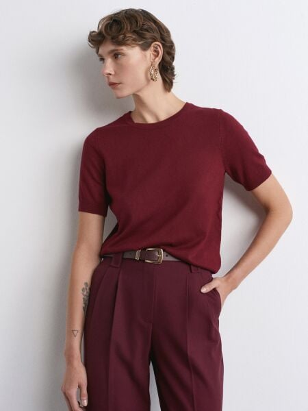 Bisiklet Yaka Kısa Kol Basic Triko Bluz-Koyu bordo