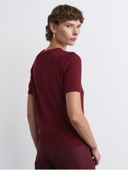 Bisiklet Yaka Kısa Kol Basic Triko Bluz-Koyu bordo